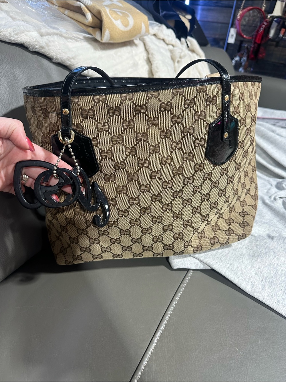 Gucci Beige GG Canvas Tote Bag with Black Patent Trim with COA